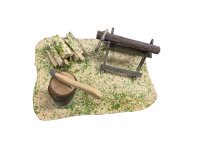 Holzplatz mit Beil und Sägebock